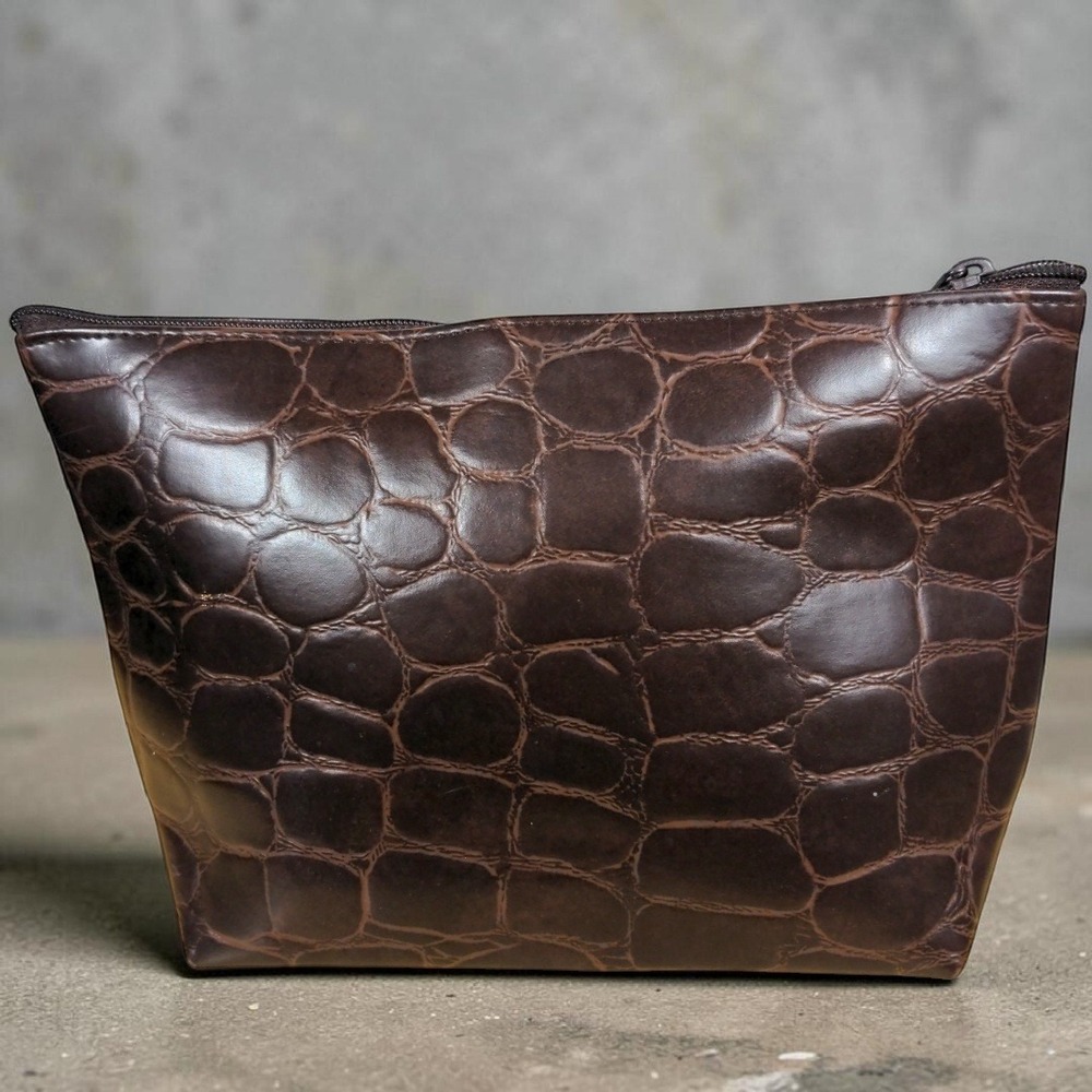 Estee Lauder Brown Faux Croc Cosmetic Makeup Bag Embossed Travel Clutch - Picture 3 of 9